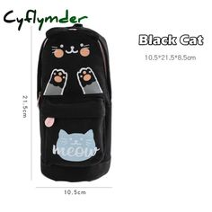 a black cat backpack is shown with measurements