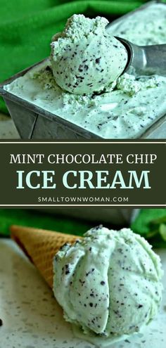 mint chocolate chip ice cream in an ice cream cone