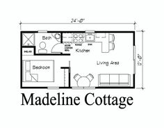 a floor plan for a small cabin with the words madeline cottage written in black