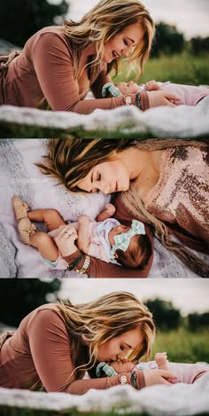 two women are laying down and one is holding a baby