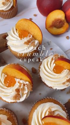 peach crumble cupcakes with white frosting and sliced peaches