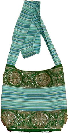 Trendy Designer Bohemian Shoulder Sling Bag. Item Style: Casual Shoulder Sling Bag Material 100% Cotton Colors Stripes in shades of green and golden sequined accents. Measurement Depth 12" width 13". Strap is 39" long and 3" wide More details: It closes with a zipper on the top. Inner lining on the entire purse is green cotton. Handling: Please remember that these are handmade items and therefore very delicate and need to be handled with utmost care. Also the workmanship is not as good as it wou Alaska Young, Sequin Bag, Shoulder Sling, Bridesmaid Outfit, Sequin, Color Stripes, Green Cotton, Sling Bag, Sewing Bag