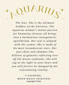 a poem written in gold foil with the words aquarius and stars above it on a white background