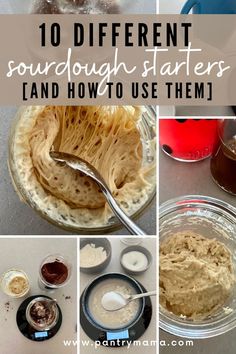 some food is being prepared in bowls and spoons with the words 10 different sourdough starters