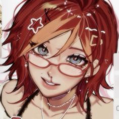 an anime character with red hair and glasses on her face, looking at the camera