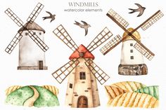 watercolor windmills with different types of food on them and the words windmills above them