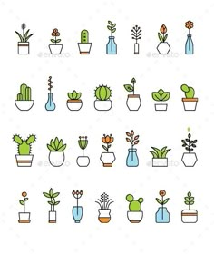 potted plants and flowers icons set - decorative objects objects