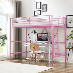 a pink loft bed with desk and chair in the corner, next to a window