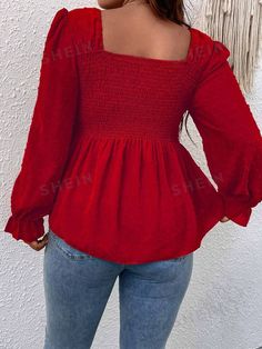 Style:Casual \nHem Shaped:Flared \nSleeve Type:Flounce Sleeve \nType:Peplum \nDetails:Ruffle \nDetails:Ruffle Hem \nNeckline:Square Neck \nDetails:Shirred \nColor:Red \nPattern Type:Plain \nSleeve Length:Long Sleeve \nLength:Regular \nFit Type:Regular Fit \nFabric:Non-Stretch \nMaterial:Fabric \nComposition:100% Polyester \nCare Instructions:Machine wash or professional dry clean \nSheer:No \n Flounce Sleeve, Peplum Blouse, Plus Size Blouses, Plus Size Tops, Ruffle Hem, Plus Clothing, Square Neck, Dry Clean, Blouses