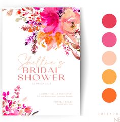 the bridal shower card is shown with flowers and leaves on it, along with matching colors