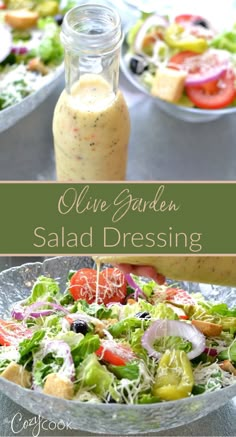 olive garden salad dressing in a bottle and a bowl of salad Recipe For Salad Dressing, Homemade Olive Garden Dressing, Savory Salad Dressing Recipes, Copycat Olive Garden Salad Dressing, Salad Dressing Ideas, Olive Garden Dressing Recipe, Pasta Salad Dressing Recipes, Best Salad Dressing Recipe, Chicken Salad Dressing Recipe