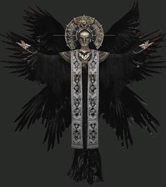 an angel with black wings and a cross on it's chest is standing in front of a dark background