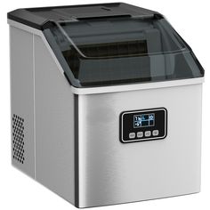 a silver and black ice maker on a white background