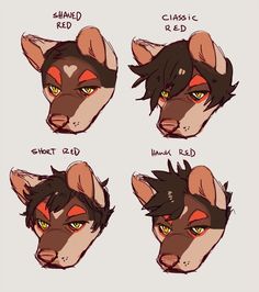 four different types of wolfs with red eyes and black hair, each showing different facial expressions