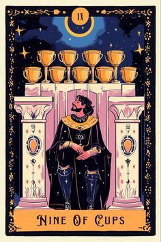 the nine cups tarot card with an image of a man sitting in front of them