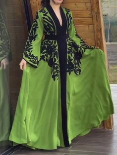 Light Vintage Elegant V-neck Floral Dress Green Long Dresses, Loose Long Sleeve Dress, Long Dresses For Women, Long Green Dress, Afghan Dresses, Dress Autumn, Elegant Maxi Dress, Printed Long Dresses, Long Dress Casual