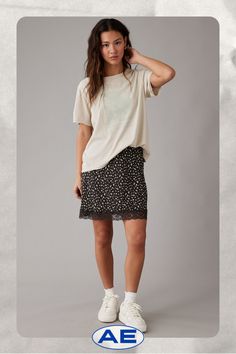 Soft fabric with a satin look & feel/Floral print/Lace trim Casual Bottoms With Lace Trim And Relaxed Fit, Casual Relaxed Skirt With Lace Trim, Casual Tiered Mini Skirt With Lace Trim, Casual Flowy Lace Trim Skirt, Casual Mini Skirt With Lace Trim, Ditsy Floral Pattern, Slip Skirt, Satin Skirt, Ditsy Floral