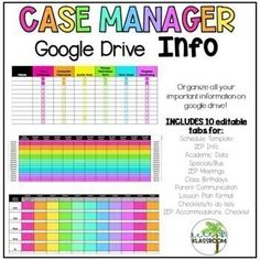 the case manager google drive info sheet is shown in black and white, with colorful text