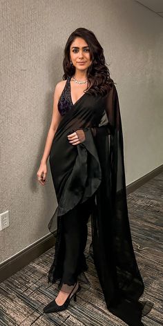 Black Ruffle Saree, Saree Jacket Designs, Desi Attire, Desi Dress, Trendy Outfits Indian, Saree Draping Styles