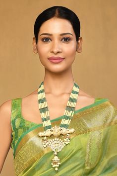 Gold plated enamelled kundan pendant necklace with green stones and pearl multi strings. - Aza Fashions Necklace With Green Stones, Necklaces Green, Necklaces Long, Jewellery Necklaces, Green Stones, Green Metal, Green Pearls, Necklace Online, Green Necklace