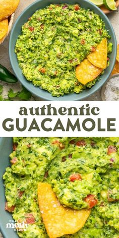 guacamole in a bowl with tortilla chips on the side