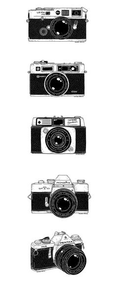 four different types of cameras are shown in black and white