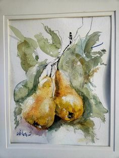 watercolor painting of two pears with green leaves