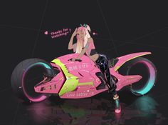 a woman riding on the back of a pink motorcycle with neon lights around her legs