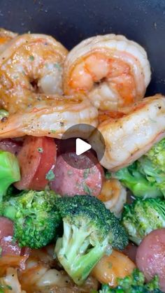 shrimp and broccoli stir fry in a skillet