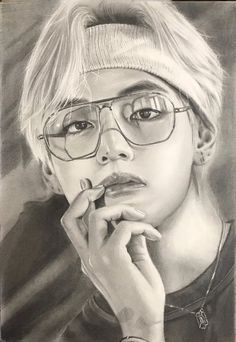 a pencil drawing of a person wearing glasses and holding a finger to their mouth while looking at the camera