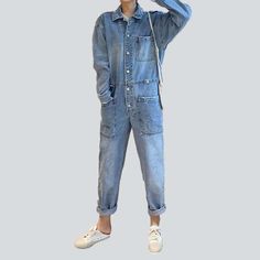 Our 2023 Spring-Summer Collection is here to bring back the nostalgia with these Nineties-inspired buttoned closure women's jeans overall! Bleached to perfection. these oversized denim shorts embody a rebellious attitude and grunge elegance. With their edgy distressed pattern and a blend of a resilient zipper and a stylish button. this is a dream denim come true!Unique Features: 90s Grunge Vibes ââ‚?Crafted to capture the spirit of the iconic '90s grunge movement. these shorts exude an effortles Casual Relaxed Fit Shortalls For Fall, Casual Denim Shortalls With Pockets, Casual Washed Denim Shortalls, Relaxed Fit Dark Wash Denim Jumpsuit With Buttons, High Rise Denim Jumpsuit With Pockets In Utility Style, Dark Wash Denim Jumpsuit With Buttons And Relaxed Fit, Summer Utility Relaxed Fit Jeans, Trendy Relaxed Fit Medium Wash Shortalls, Casual Denim Jumpsuit With Buttons