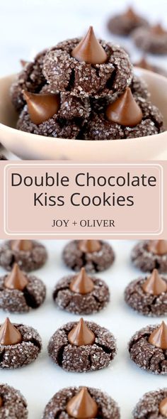 double chocolate kiss cookies in a bowl with the title overlay