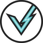 the v logo is in a circle with blue and black stripes on it's side