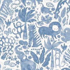 a blue and white wallpaper with animals, plants and flowers on it's side