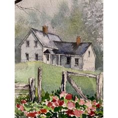 a watercolor painting of a house with flowers in the foreground