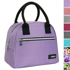 a purple and white striped lunch bag with zippers on the front, two side by side