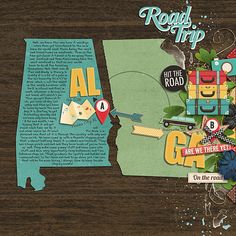 a scrapbook page with the words road trip written on it and an image of a map