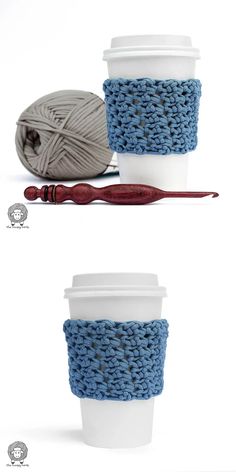 crochet coffee cup cozying pattern with yarn in the middle and on top