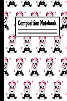 the composition notebook is filled with pandas in pink and black, surrounded by polka dots