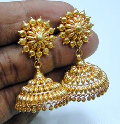 Vintage 22 karat solid gold detailed workmanship dangle earring pair (jumkee). total weight of pair-16.5 grams(0.58 ounces), length-4 cm, diameter of bottom-2.2 cm,, material-22 k solid gold. Heavy Yellow Gold Temple Jewelry Earrings, Yellow Gold Dangle Bridal Earrings In Temple Jewelry Style, Heavy 22k Gold Chandbali Earrings, Heavy Gold Round Earrings, Temple Jewelry Style Formal Dangle Jhumkas, Formal Temple Jewelry Dangle Jhumkas, Temple Jewelry Style Dangle Jhumkas For Formal Occasions, Formal Temple Jewelry Style Dangle Jhumkas, Heavy Chandbali Danglers In Yellow Gold