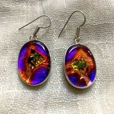 New Dichroic Glass Handmade Earrings. 925 Sterling Silver Stamped On The Ear Wires. These Earrings Are So Unique And The Colors Are Spectacular. Eye Catching And Gorgeous! Emerald Cut Stud Earrings, Vintage Rhinestone Earrings, Mickey Mouse Earrings, Beautiful Stud Earrings, Mother Of Pearl Earrings, Dragonfly Earrings, Earring Tree, Beaded Hoop Earrings, Dichroic Glass