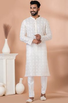 Festive Wear Sequins Embroidery Readymade Kurta Pyjama For Men In Whit Kurta Pyjama For Men, Men's Kurta Pajama, Men's Kurta, Kurta Pyjama, Salwar Kameez Online, Clothing Wholesale, Kurta Pajama, Royal Outfits, Festive Wear