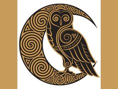 an owl sitting on top of a crescent with swirls in the shape of a moon