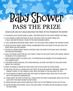 a baby shower pass the prize is shown in blue and white with stars on it