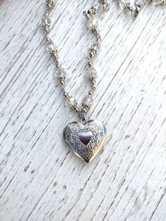 "Silver Heart Locket Necklace. Romantic Victorian Style Heart Locket Necklace with Crystal Chain. This Heart Locket Pendant Necklace is a great Gift for Mom, Wife Anniversary or Christmas. Made of Stainless Steel with 18\" Chain." Heart Shaped Locket Necklaces, Metal Heart Locket Necklace, Heart Locket Necklace Silver, Folklore Outfit, Crystal Locket, Locket Necklace Vintage, Cosplay Clothes, Beaded Chain Necklace