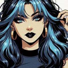 a woman with blue hair and big hoop earrings