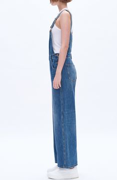 Celestial topstitching in the back adds major star power to these nonstretch-denim overalls cut in a relaxed silhouette. 28 1/2" inseam Adjustable buckle straps; side button closures Front scoop pockets; back patch pockets 100% cotton Machine wash, tumble dry Imported Straight Leg Denim, Denim Overalls, Back Patch, Medium Blue, Overalls, Top Brands, Straight Leg, Nordstrom, Buckle