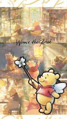 winnie the pooh is holding a flower in her hand and looking up at it