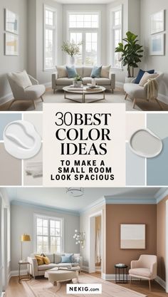 living room with white furniture and blue walls in the same color scheme, there is an advertisement that says 30 best color ideas