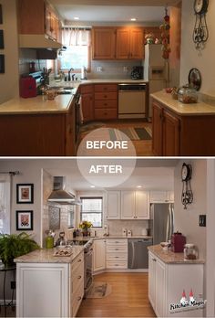 before and after pictures of a kitchen remodel with white cabinets, wood flooring and stainless steel appliances